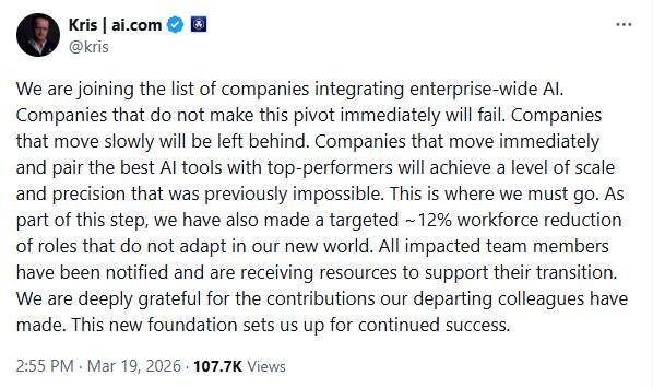 Crypto.com và Gemini đồng loạt cắt giảm nhân sự, làn sóng AI hóa lan rộng trong toàn ngành crypto插图1