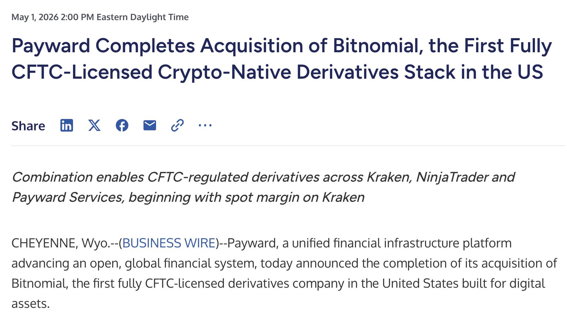 Kraken hoàn tất thâu tóm Bitnomial, tham gia vào cuộc đua phái sinh crypto tại Mỹ插图1