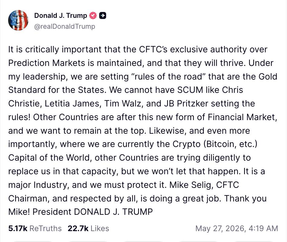 Tổng thống Trump công khai ủng hộ prediction market, muốn CFTC nắm toàn quyền quản lý插图1