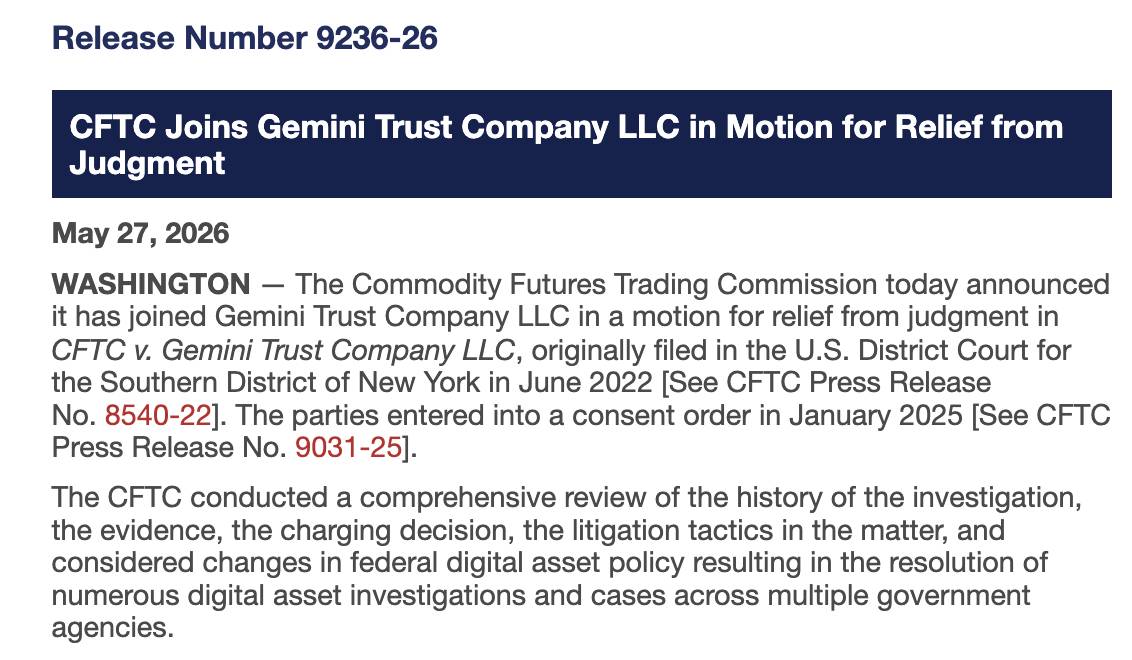 CFTC quay xe với vụ kiện Gemini, đề nghị huỷ bỏ thỏa thuận dàn xếp插图1 CFTC quay xe với vụ kiện Gemini, đề nghị huỷ bỏ thỏa thuận dàn xếp插图1