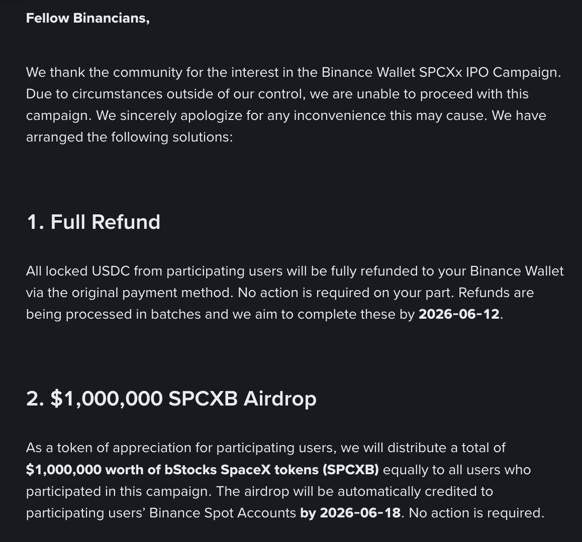 "Vỡ trận" IPO SpaceX, nhiều sàn CEX hoàn tiền cho người dùng vì không đủ cổ phiếu token hóa插图1