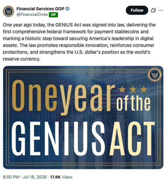 Mỹ lỡ hạn hoàn thiện khung pháp lý stablecoin GENIUS Act插图1 Mỹ lỡ hạn hoàn thiện khung pháp lý stablecoin GENIUS Act插图1