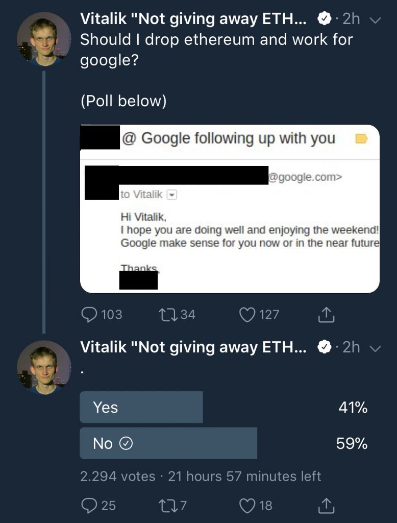 Vitalik Buterin bị Google "săn đón", hỏi ý kiến cộng đồng xong đùng đùng xoá post